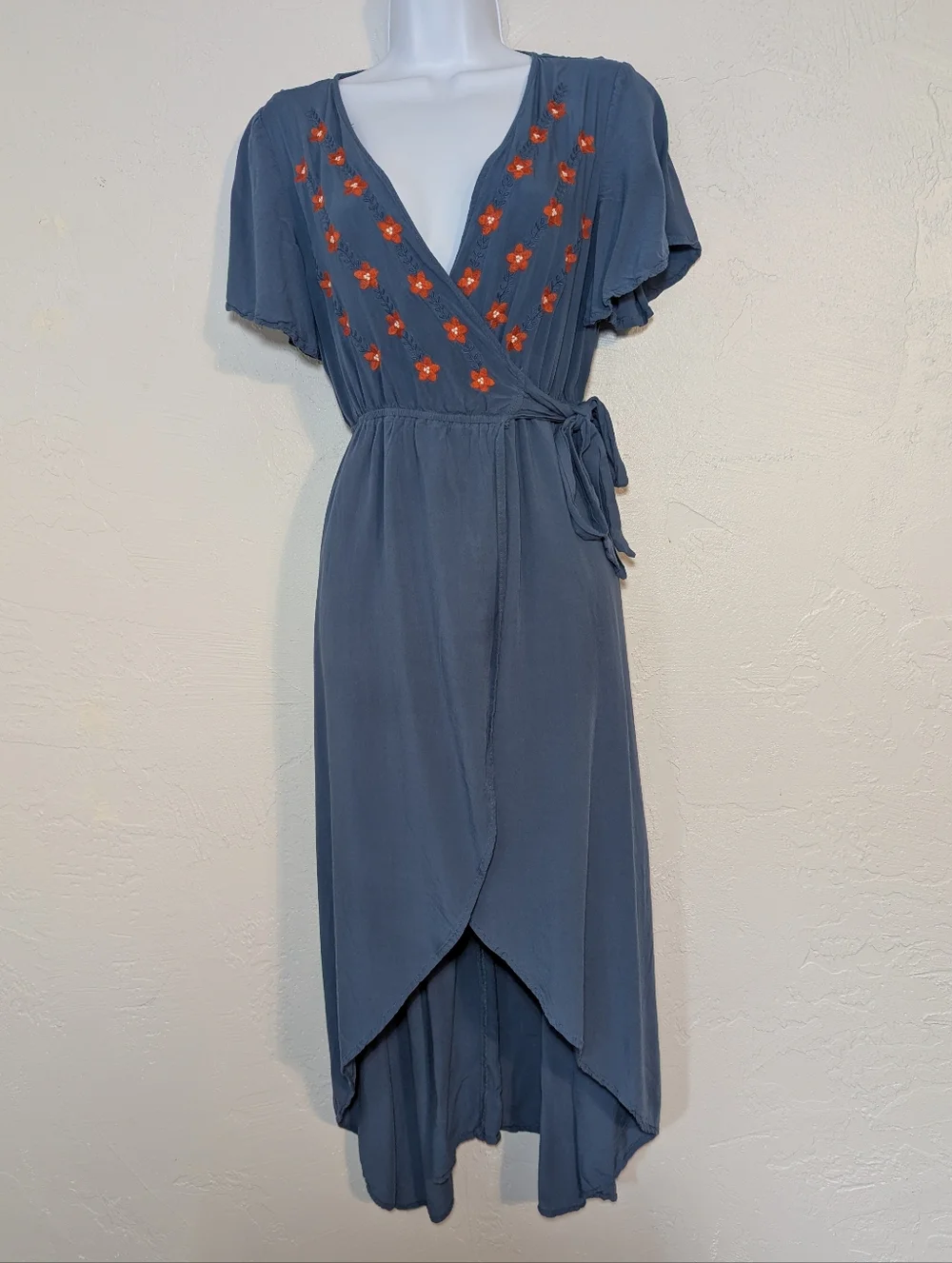 Blue Cottagecore Wrap Dress Boho Floral Embroidery Flowy Hippie Casual Summer